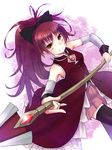  bare_shoulders black_legwear detached_sleeves hanamuke highres mahou_shoujo_madoka_magica polearm ponytail red_eyes red_hair sakura_kyouko solo spear thighhighs weapon 