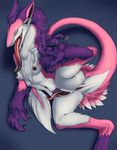  2009 anus breasts butt chest_tuft claws clitoris feathers female hindpaw long_tongue looking_at_viewer mane nude on_side piercing pink pinkuh pinkuh_(character) prehensile_clitoral_hood presenting purple pussy raised_leg sergal smile solo spread_legs spreading tongue 