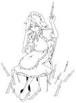  bow braid chair ekus_(xo_ekus) greyscale hair_bow highres izayoi_sakuya knife lineart maid maid_headdress monochrome one_eye_closed short_hair sitting solo touhou transparent_background twin_braids 