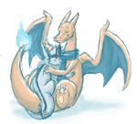  blue charizard cuddle dragon eyes_closed fang hug orange pok&eacute;mon proximity scalie tail vaporeon wings 