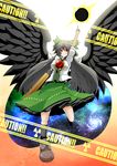  arm_cannon bad_id bad_pixiv_id black_hair bow cape caution doseisan_(dosei-san) hair_bow highres large_wings long_hair radiation_symbol red_eyes reiuji_utsuho solo touhou weapon wings 