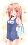  ;d bad_id bad_pixiv_id blush hair_bobbles hair_ornament name_tag one-piece_swimsuit one_eye_closed one_side_up open_mouth orange_hair original purple_eyes rubi-sama school_swimsuit smile solo standing star swimsuit towel 