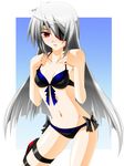  bikini engo_(aquawatery) eyepatch frilled_bikini frills front-tie_top highres infinite_stratos laura_bodewig navel red_eyes shiny shiny_skin side-tie_bikini solo swimsuit white_hair 