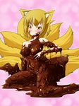  animal_ears blush chocolate chocolate_covered chocolate_on_face food food_on_face fox_ears fox_tail licking_lips multiple_tails naked_chocolate nude solo tail tamakko tongue tongue_out touhou yakumo_ran yellow_eyes 