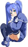  ahoge blue_eyes blue_hair blue_legwear blush capelet imaichi_moenai_ko kamiyama_aya kobe_shinbun long_hair sitting skirt smile solo thighhighs twintails zettai_ryouiki 