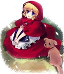  apron blonde_hair blue_eyes book bow bulleta dog dress highres hood kneeling nozomu144 petals red_dress ribbon shawl short_hair smile solo vampire_(game) 