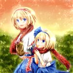  alice_margatroid alice_margatroid_(pc-98) asano_tomoya blonde_hair blouse blue_eyes bow capelet food hair_bow hairband multiple_girls open_mouth petting scarf short_hair skirt smile sweet_potato time_paradox touhou touhou_(pc-98) walking 