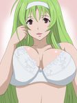  1girl bare_shoulders blush bra breast_squeeze breasts brown_eyes cleavage green_hair hairband large_breasts long_hair looking_at_viewer open_mouth simple_background solo star_driver toku_(tokuhp) underwear watanabe_kanako white_bra wk15 