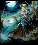  androgynous blonde_hair full_moon harp instrument moon red_eyes reverse_trap sheik solo surcoat the_legend_of_zelda the_legend_of_zelda:_ocarina_of_time windowboxed yumeshima_sui 