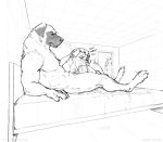  2018 ambiguous_gender anthro anthro_on_anthro bed canid canine canis clenched_teeth cuckold cum cum_in_mouth cum_inside domestic_dog duo_focus erection eyes_closed fellatio group head_grab hi_res infidelity john_(zaush) kangal_(zaush) larger_male lying male male/ambiguous mammal monochrome muscular muscular_male nude on_back oral orgasm paws sex size_difference sketch smaller_ambiguous teeth walk-in zaush 