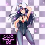  animal_ears black_hair bow bowtie breasts brown_eyes bunny_ears bunny_girl bunnysuit cleavage fishnet_pantyhose fishnets full-length_zipper grin long_hair medium_breasts original pantyhose ryusuke1234 smile solo wrist_cuffs zipper 