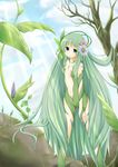  absurdres bodypaint fairy flower green_eyes green_hair hair_flower hair_ornament highres long_hair nude original plant plant_girl solo suzu_(yumesora) tree very_long_hair vines water_drop 