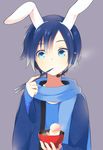  animal_ears bad_id bad_pixiv_id blue_eyes blue_hair blue_scarf bowl bunny_ears chopsticks food jikunyaga kaito male_focus scarf solo vocaloid 