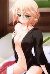  bed blonde_hair breasts cleavage green_eyes hazuki_kasane mizuhashi_parsee navel no_bra open_clothes pointy_ears pubic_hair short_hair small_breasts smile solo touhou 