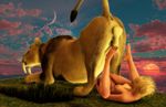  3d afternoon animal blonde_hair cgi chi_(artist) cum dripping feline female feral from_behind grass hair human interspecies male penis raised_tail sabertooth sheath straight sunset tail tiger zoo 