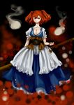  absurdres breasts cleavage coin dress ghost hair_bobbles hair_ornament highres large_breasts onozuka_komachi red_eyes red_hair scythe shigureru smile solo touhou 