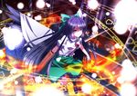  arm_cannon black_hair bow bridge cape caution_tape danmaku grin hair_bow highres long_hair purple_hair red_eyes reiuji_utsuho ryosios sidelocks smile solo touhou very_long_hair weapon wings 