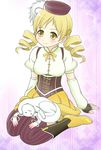  blonde_hair blush breasts cap_(dkdm-d) drill_hair fingerless_gloves gloves hair_ornament hairclip hat kyubey large_breasts magical_girl mahou_shoujo_madoka_magica purple_background short_hair sitting skirt smile thighhighs tomoe_mami twin_drills twintails wariza yellow_eyes yellow_skirt 
