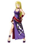  belt blonde_hair blue_eyes bonne_jenet bracelet breasts choker dress fatal_fury full_body gloves hand_on_hip high_heels highres jewelry leg_garter long_hair mark_of_the_wolves medium_breasts no~ma one_eye_closed shoes sidelocks skull smile snk solo transparent_background 