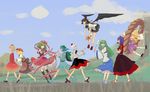  aki_minoriko aki_shizuha bored flying geta happy highres inubashiri_momiji kagiyama_hina kawashiro_nitori kochiya_sanae moriya_suwako mountain_of_faith multiple_girls pinzu profile shameimaru_aya tengu-geta touhou two_side_up walking yasaka_kanako 