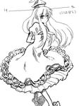  arms_behind_back dress greyscale hat kamishirasawa_keine long_hair monochrome oekaki sketch solo touhou translation_request umiu_geso walking 