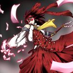  adapted_costume brown_hair buttons color_connection colorized cosplay fingerless_gloves flying_paper fusion gauntlets gloves gohei hakurei_reimu jacket ledjoker07 noumin ofuda paper solo sunglasses touhou trigun vash_the_stampede vash_the_stampede_(cosplay) 