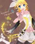  arm_warmers blonde_hair blue_eyes blush boots fang hair_ornament hair_ribbon hairclip headphones highres kagamine_rin kagamine_rin_(append) kawahara_chisato legwear_under_shorts pantyhose ribbon scarf short_hair shorts smile solo vocaloid vocaloid_append 