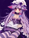  :&lt; animal_ears bad_id bad_pixiv_id breasts cat_ears cleavage crescent goose_h hat heart heart-shaped_pupils kemonomimi_mode long_hair medium_breasts mukyuu no_bra no_nose pantyhose patchouli_knowledge purple_eyes purple_hair solo striped striped_legwear symbol-shaped_pupils touhou whiskers 