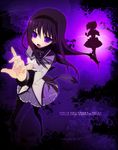  akemi_homura bad_anatomy bad_leg black_hair black_hairband bubble_skirt copyright_name dougan_calpis_con dress hairband kaname_madoka long_hair magical_girl mahou_shoujo_madoka_magica md5_mismatch multiple_girls outstretched_hand pantyhose purple_eyes purple_skirt running skirt 