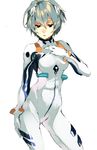  ayanami_rei bad_id bad_pixiv_id blue_hair bodysuit hair_ornament kusanagi_kikoku neon_genesis_evangelion plugsuit red_eyes short_hair simple_background skin_tight solo white_bodysuit 