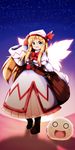  arm_up bag blonde_hair blush boots dress green_eyes highres kedama lily_white long_hair masu_shu night open_mouth salute satchel sleeves_past_wrists smile solo star touhou wings 