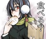  alternate_costume bag baozi blush casual eating face food giving hat looking_at_viewer open_mouth red_eyes scarf shameimaru_aya short_hair solo steam tokin_hat touhou uousa-ou winter 