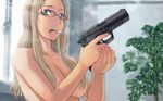  blonde_hair blue_eyes cigarette glasses gun itou_(onsoku_tassha) nude original weapon 