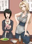  2girls :d black_hair blonde_hair brown_eyes closed_eyes eyes_closed facial_mark food forehead_mark long_hair looking_at_viewer multiple_girls naruto open_mouth pig powudon shizune_(naruto) short_hair smile standing table tonton tonton_(naruto) tsunade 