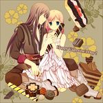  1girl ayamisiro black_eyes black_hair boots chocolate estellise_sidos_heurassein green_eyes happy_valentine knee_boots long_hair pink_hair short_hair tales_of_(series) tales_of_vesperia tiramisu valentine yuri_lowell 