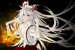  bad_id bad_pixiv_id bandages bow fire fujiwara_no_mokou grin hair_bow kyou_zip long_hair middle_finger open_clothes open_shirt pale_skin red_eyes shirt smile solo suspenders teeth torn_clothes touhou very_long_hair white_hair 