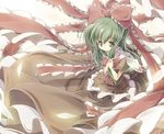  bad_id bad_pixiv_id bow dress frills front_ponytail gathers green_eyes green_hair hair_bow hair_ornament hair_ribbon hands_on_own_chest highres itsutsuki kagiyama_hina long_hair long_skirt ribbon skirt skirt_set solo touhou 