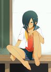  1boy barefoot black_hair blue_eyes blush crossdress crossdressing frown hair_over_one_eye ikezawa_kazuma male_focus open_clothes open_shirt school_uniform serafuku shirt short_hair shorts shota sitting skirt solo summer_wars sweat tan trap 