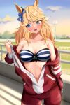  1girl @_@ absurdres animal_ears bangs banpunsik bare_shoulders blonde_hair blue_bow blue_eyes blush bow breasts cleavage commentary_request cowboy_shot gold_city_(umamusume) hair_bow highres horse_ears large_breasts long_hair long_sleeves looking_to_the_side midriff navel off_shoulder open_mouth outdoors solo standing stomach strapless striped_bandeau track_suit tube_top umamusume 