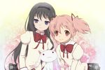  :3 akemi_homura black_hair black_hairband hair_ribbon hairband kaname_madoka kyubey long_hair mahou_shoujo_madoka_magica mitakihara_school_uniform multiple_girls pink_eyes pink_hair plaid purple_eyes rabbit19 red_eyes ribbon school_uniform short_hair short_twintails skirt twintails 