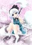  black_hairband blue_eyes cherry_blossoms ghost hairband highres hitodama katana konpaku_youmu konpaku_youmu_(ghost) maisaki_miyabi reaching scabbard sheath short_hair silver_hair sitting sitting_on_stairs smile solo stairs sword tassel touhou vest weapon white_hair 