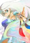  aqua_eyes armpits art_brush between_fingers breasts choker colorful dress earrings highres jewelry large_breasts long_hair original outstretched_hand paintbrush pepe_(jonasan) simple_background smile solo strapless very_long_hair white_hair 