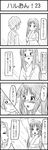  2girls 4koma akiyama_mio blush blush_stickers comic esuyuki greyscale hairband highres japanese_clothes k-on! kimono kyon monochrome multiple_girls suzumiya_haruhi_no_yuuutsu tainaka_ritsu thumbs_up translated yukata 