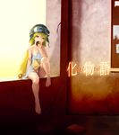  angel_french bakemonogatari barefoot blonde_hair doughnut elrowa feet flat_chest food french_cruller goggles goggles_on_head helmet highres legs long_hair mister_donut monogatari_(series) oshino_shinobu pon_de_lion sitting solo strap_slip very_long_hair yellow_eyes 