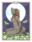  anthro arthropod blue_eyes breasts butterfly canine choker female flower flowers insect kneeling looking_at_viewer luthiennightwolf mammal moon nipples nude piercing solo wolf 