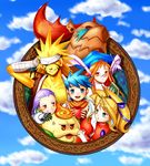  3boys :o anger_vein animal_ears apple bad_id bad_pixiv_id blonde_hair blue_eyes blue_hair book breath_of_fire breath_of_fire_iii brooch cloud creature day food fruit garr glasses gloves green_eyes grin hat highres horns jewelry long_hair momo_(breath_of_fire) multiple_boys multiple_girls nina_(breath_of_fire_iii) orange_eyes orange_hair peco_(bof) pince-nez ponytail purple_hair red_eyes rei_(breath_of_fire) ryuu_(breath_of_fire_iii) sairen_ayame scarf sidelocks sky smile spiked_hair teepo vest 