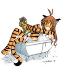  2004 bath bathing bathtub blush brown_hair bubbles chest_tuft claws ear_tufts feline female flora_(twokinds) hair hindpaw keidran long_brown_hair long_hair looking_at_viewer nude orange pawpads solo stripes tiger tom_fischbach twokinds washcloth washing water yellow_eyes 