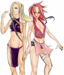  2girls blonde_hair breasts eye_shadow haruno_sakura midriff misaokiley multiple_girls naruto pink_hair sword weapon yamanaka_ino 