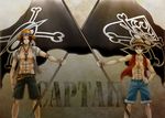  abs flag hand_on_hip hat highres honey_bunny male_focus monkey_d_luffy multiple_boys one_piece open_clothes open_shirt portgas_d_ace shirt shorts smile straw_hats_jolly_roger 
