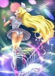  ass bass_clef beamed_sixteenth_notes beimei blonde_hair boots choker cure_rhythm earrings eighth_note eighth_rest eyelashes flat_sign frills green_eyes high_heels highres jewelry knee_boots long_hair looking_back magical_girl minamino_kanade musical_note precure quarter_rest shoes skirt solo staff_(music) suite_precure treble_clef white_choker wrist_cuffs 